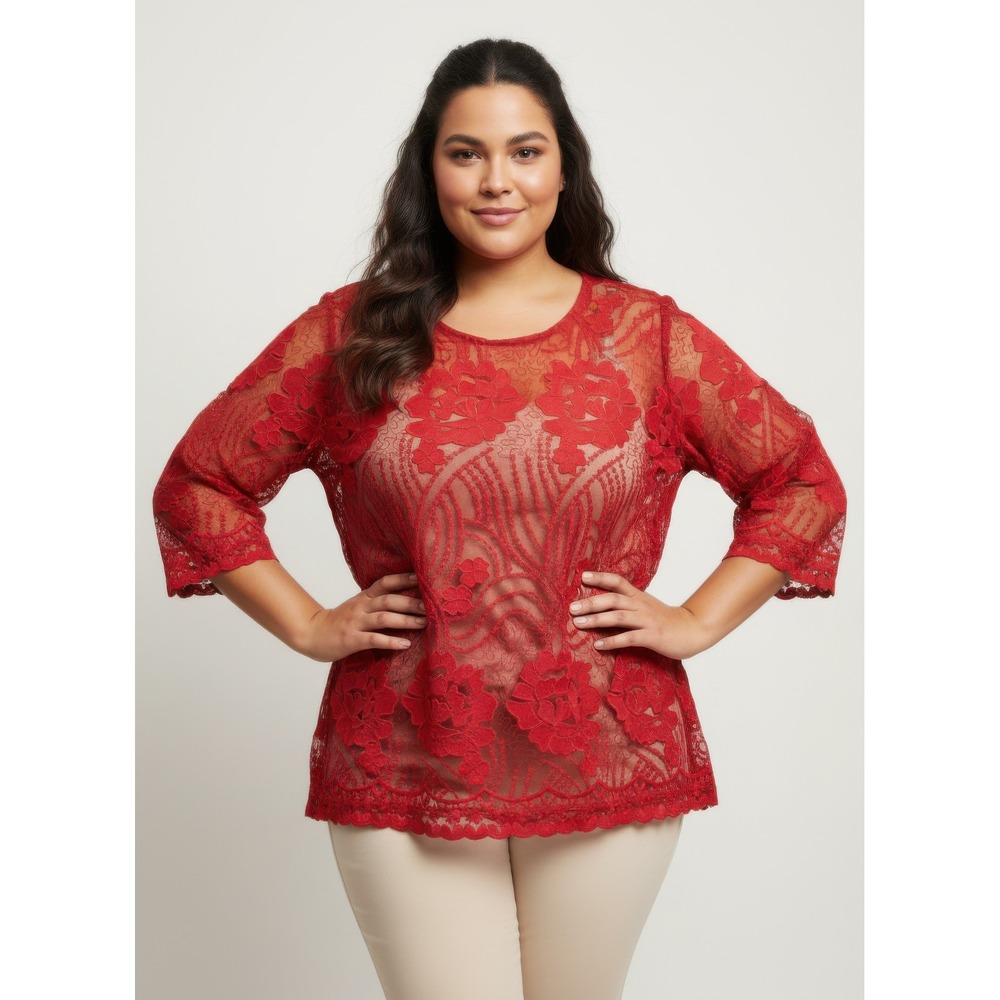 Women Red Floral Lace Blouse 3/4 Sleeve Scalloped Hem Keyhole‎ Back Top Size 1XL